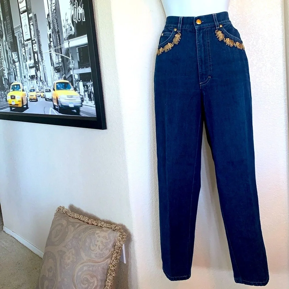 ESCADA jeans, 4 embroidered gold elephants on pockets, blue denim. 40 - Picture 3 of 17